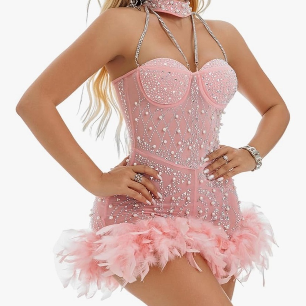 Sexy Feather Rhinestone Sequin Dress Halter Bodycon Feather. Size small Amazon